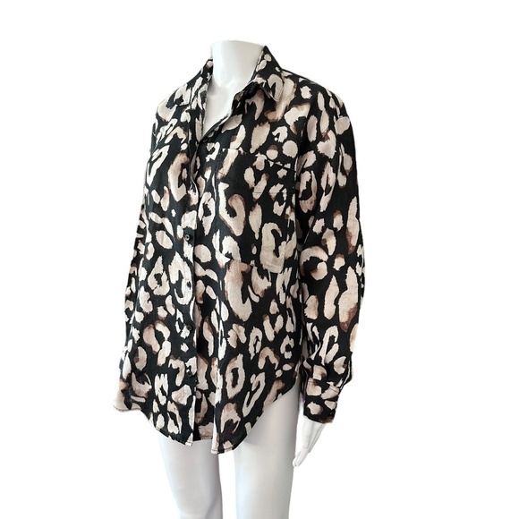 H&M XS Linen Oversized Leopard Buttoned Long Sleeve Shirt Hi low Hem Brown/Black - Picture 1 of 16
